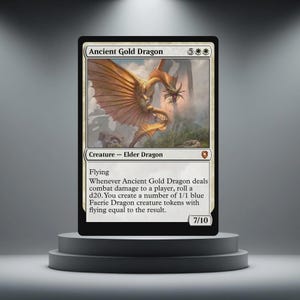 May include: A Magic: The Gathering card depicting an Ancient Gold Dragon. The card has a white border with a gold dragon illustration. Text includes "Ancient Gold Dragon", "Creature - Elder Dragon", and game instructions. The dragon has large wings.