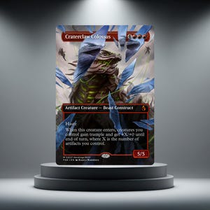 May include: A rectangular trading card titled Craterclaw Colossus featuring a brown beast construct with green glowing accents. The artwork shows the creature surrounded by floating blue shards. The card text includes Haste and ability details.