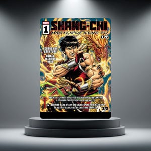 May include: A rectangular trading card featuring Shang-Chi, Master of Kung Fu, in a dynamic martial arts pose surrounded by a golden dragon. The card includes Marvel branding, text detailing creature abilities, and a 2/2 power and toughness rating.