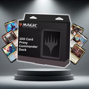 May include: A black box set of Magic: The Gathering cards, labelled "100 Card Proxy Commander Deck." The box features the Magic: The Gathering logo and a graphic of the card game's symbol. Several colourful cards are displayed around the box.