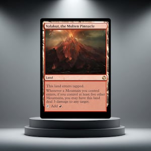 May include: A Magic: The Gathering trading card titled Valakut, the Molten Pinnacle. The card features an illustration of a volcanic mountain erupting with lava and smoke. The text box details the land card's abilities and game mechanics.