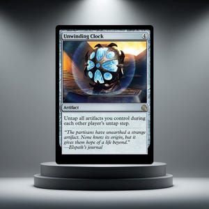 May include: A collectible trading card titled Unwinding Clock featuring a metallic, spherical object with glowing blue panels. The card text includes the name, a cost of 4, the type Artifact, and game rules text about untapping artifacts.