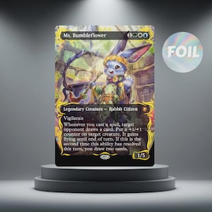 May include: A collectible trading card depicting "Ms. Bumbleflower," a rabbit citizen character. The card features a vibrant illustration and text detailing its abilities. A holographic "FOIL" sticker is present.