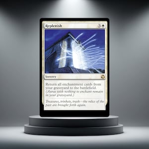 May include: A Magic: The Gathering trading card titled Replenish, featuring a white border and a sorcery spell card type. The artwork depicts a stone structure emitting bright blue light rays against a dark blue sky, with game text included.