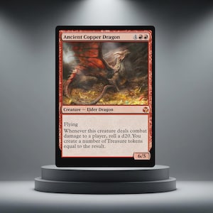 May include: A red and black Ancient Copper Dragon card. The card features an illustration of a dragon with red wings and a detailed body. Text includes "Ancient Copper Dragon", "Creature - Elder Dragon", and game instructions. The card is displayed on a grey pedestal.