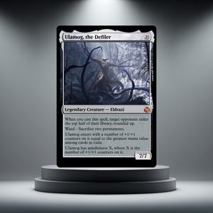 May include: A Magic: The Gathering trading card titled Ulamog, the Defiler, featuring a legendary Eldrazi creature with tentacles in a dark, misty landscape. The card text details its abilities, including ward and annihilator, with a 7/7 power and toughness rating and a mana cost of 10.