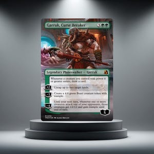 May include: A Magic: The Gathering trading card titled Garruk, Curse Breaker, featuring a muscular warrior with a horned helmet and fur mantle holding a large axe. The card text details abilities, loyalty costs, and a starting loyalty value of 5.