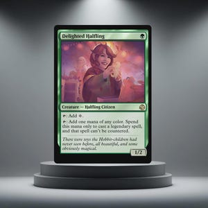 May include: A green Magic: The Gathering card labelled "Delighted Halfling." The card shows a smiling halfling holding a toy. The card text describes the creature's abilities and flavour text.