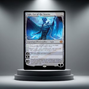 May include: A Magic: The Gathering card featuring Ugin, Eye of the Storms, a Legendary Planeswalker. The card has a black border with a blue and white illustration of a winged figure. The card is displayed on a gray, tiered pedestal.