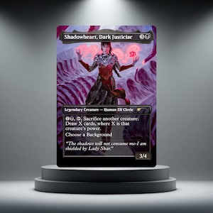 May include: A collectible trading card titled Shadowheart, Dark Justiciar, featuring a dark-haired figure in armour with glowing red energy. The card text includes Legendary Creature, Human Elf Cleric, and the quote The shadows will not consume me.