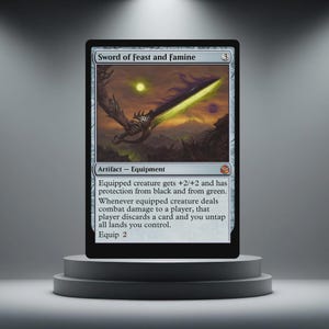May include: A Magic: The Gathering card, "Sword of Feast and Famine," displayed on a grey pedestal. The card features a detailed illustration of a glowing sword with a dark, fantasy-themed background. Text includes card type, abilities, and the equip cost.