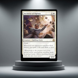 May include: A Magic: The Gathering trading card titled Archivist of Oghma, featuring a halfling cleric reaching toward floating books and scrolls. The card text includes the name, mana cost, creature type, game rules, and flavour text.