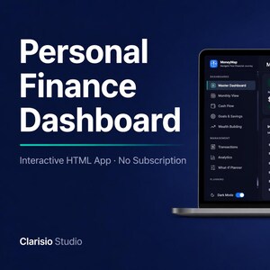 May include: A laptop screen displaying a dark-themed Personal Finance Dashboard with the text MoneyMap, Master Dashboard, and various financial metrics including net worth, income, expenses, and savings goals. The interface features charts and graphs.