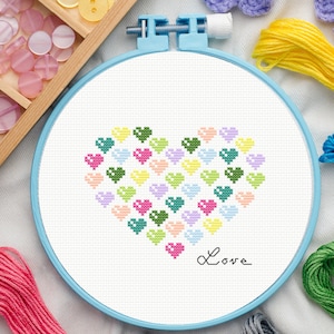 Valentines cross stitch pattern, Heart cross stitch pattern, Love, Happy hearts, easy cross stitch pattern, instant digital PDF download