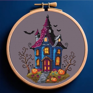 Patrón punto de cruz casa encantada, patrón punto de cruz Halloween, punto de cruz bruja, tarot, oráculo, descarga inmediata PDF digital