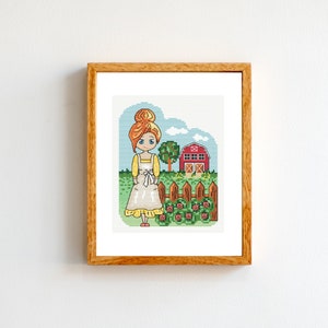 Farmhouse cross stitch pattern, red barn, doll, Iowa, Idaho, Oregon, Montana, Wisconsin, Washington, States, instant download, digital PDF