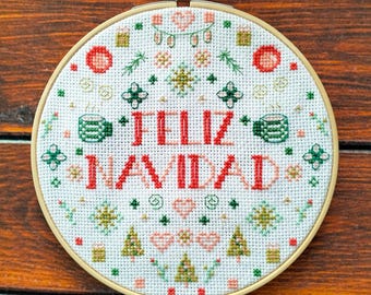 Patrón punto de cruz Feliz Navidad, punto de cruz navideño, patrón punto de cruz Navidad, Sampler, descarga inmediata, PDF digital