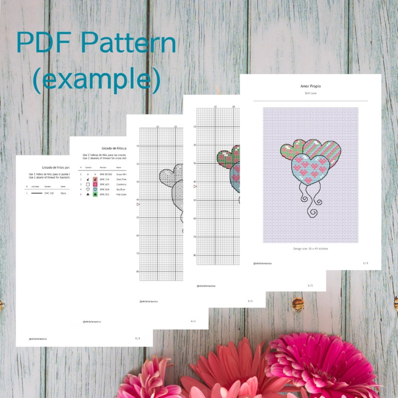 May include: A cross-stitch pattern for a design called "Amor Propio" featuring three heart-shaped balloons in shades of pink, green, and blue. The pattern is 50 x 50 stitches and includes a color key and instructions.
