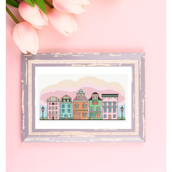 Dutch houses cross stitch pattern, little houses, Holland, Denmark, baby, pink cross stitch pattern, instant download, digital PDF