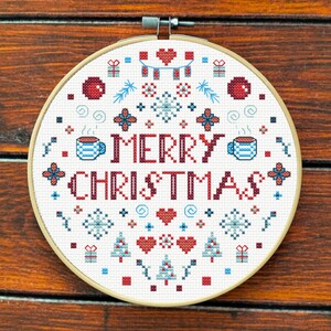 Patrón punto de cruz Merry Christmas, patrón punto de cruz Feliz Navidad, punto de cruz Navidad, sampler, descarga inmediata, PDF digital image 1