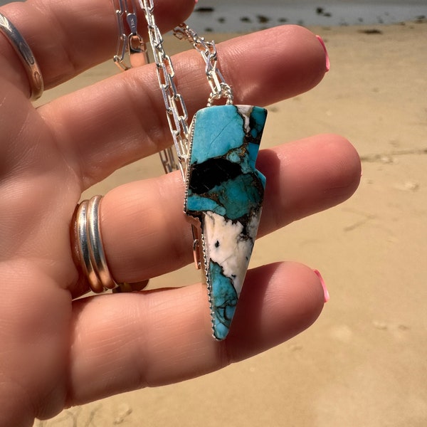 Turquoise Lightning Bolt Necklace, Sterling Silver Jewelry- Boho Cowgirl, Jewelry, Boho Style, Bolt, Rocker Pendant, Green Kingman Turquoise