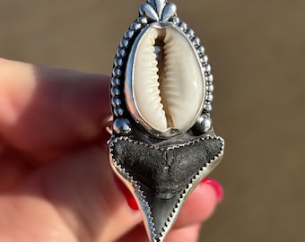 Shark Tooth Cowrie Shell Statement Ring | Sterling Silver Talisman Jewelry (Size 8)
