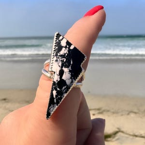 White Buffalo Turquoise Lightning Bolt Ring: Sterling Silver Boho Statement, Size 7 3/4