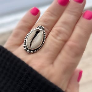 Cowrie Shell Statement Ring | Sterling Silver | Coastal Talisman Jewelry | Size 7 OOAK Ring | Ocean Goddess Ring