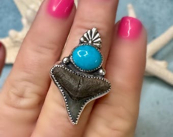 Shark Tooth Sterling Silver Ring: Arizona Turquoise Ocean Talisman, Size 8 1/2