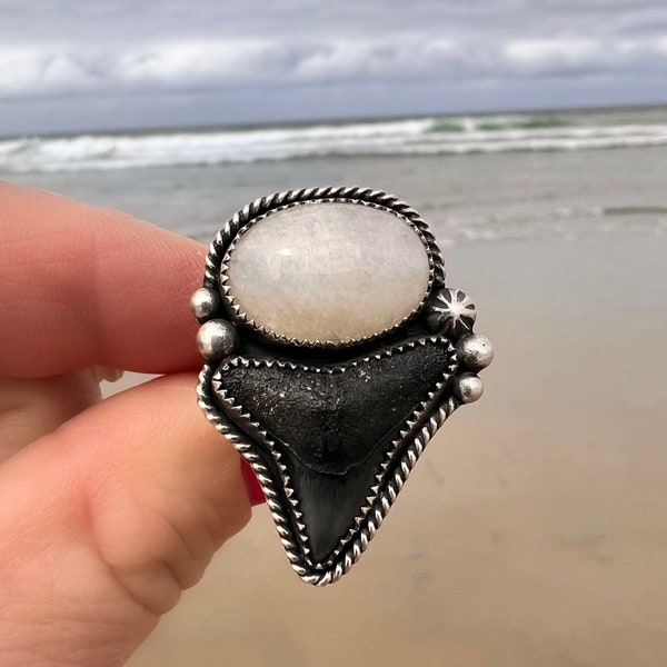 Moonstone and Fossilized Shark Tooth, One-of-a-Kind Boho Western Coastal Ring in Sterling and Fine Silver - Ready to Ship Size 8 Ring