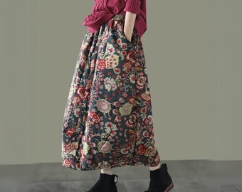 Loose Thick Cotton Skirt And Linen Flower Bud Mid-length for Women's Casual Comfort with Elegant Floral Design, Comfortable For Daily Use