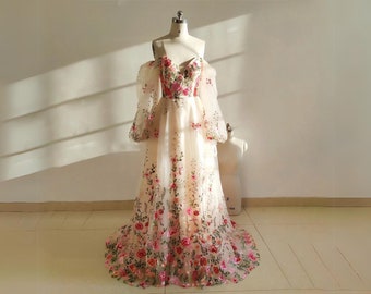 Custom Wildflowers Embroidered Celebrity Fairytale Dress - Long Puffy Sleeves Cocktail Gown, Floral Wedding Dress Fairy Tale Photoshoot