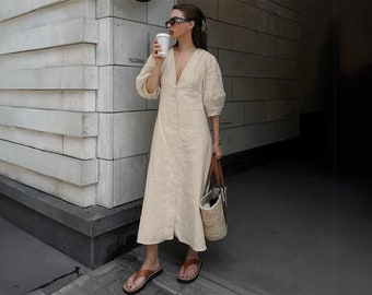 Chic Beige Cotton Linen V-neck Puff Sleeve Dress Women Casual Summer Wear for Comfortable and Stylish Everyday Wear and Outdoor Events