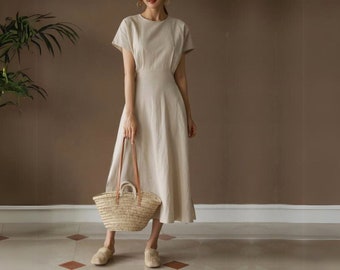 Stylish Cotton & Linen Dress with Bow-Knot Waist and Voluminous Skirt - Women's Casual Summer Fashion Statement Piece, Elegant Outing Dress