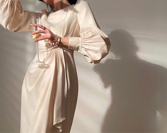 Glossy Temperament Long Sleeve Dress Women's Lantern Sleeve - French Elegant Irregular Spliced Beaded Dresses for Women Evening Dress