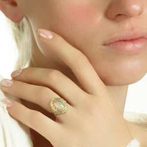 Genuine Opal Ring, 14K Solid Yellow Gold Ring, 8 Side Natural Diamonds, One Of A Kind Ring, Natural Fire October Birthstone, Ring Size 12.5