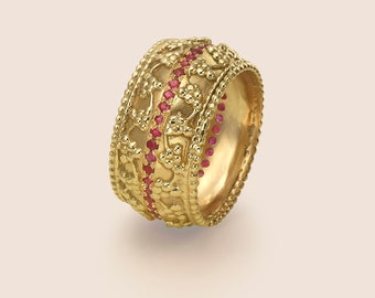 Luxury Gold Ruby Ring, Gemstone Gold Ring, Ring Decorated with Vines and Rubies, Gold Ruby Dome Ring, Statement Gold Ring, Fine Jewelry