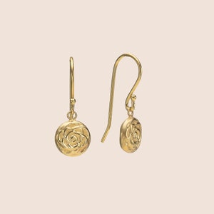 14K Solid Gold Rose Flower Earrings, Gold Drop Earrings, Minimalist Floral Dangle Jewelry, Romantic Gift for Her, Antique Style Earrings