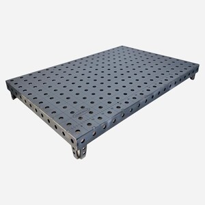 May include: A gray metal work surface with a grid of holes and a ruler printed on the surface. The surface is supported by four legs.