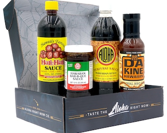 Aloha Right Now Hawaiian BBQ Sauce Sampler Box - Huli-Huli Sauce - Da Kine Hawaiian Barbeque Sauce - Halm's BBQ Sauce - Aloha Teriyaki Sauce