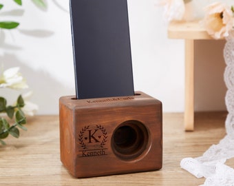 Wooden Cell Phone Speaker, Engraved Speaker, Personalized Docking Station, Christmas Gift for Men, Wood Phone Amplifier, Desktop Amplifier