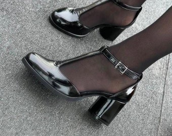 Handmade Leather Mary Jane Heels: T-Strap Dress Shoes