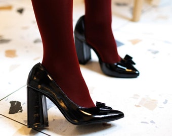 Black High Heels Pumps, Handmade Women Shoes, Patent Leather Pumps, Wedding Shoes, Block Heels Pumps