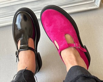Black Mary Jane Shoes Pink Women Leather Shoes Gift Handmade Flat Low Heel T Strap Shoes Comfortable Flat Oxfords Woman Leather Mary Jane