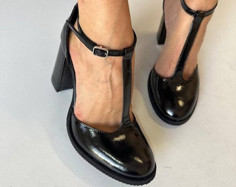 Handmade Leather Mary Jane Heels: Black Block Heel Pumps