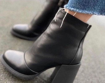 Schwarze Leder-Ankle-Boots, Stiefeletten mit eckiger Spitze, handgefertigte Stiefeletten mit Blockabsatz, minimalistische Herbstschuhe