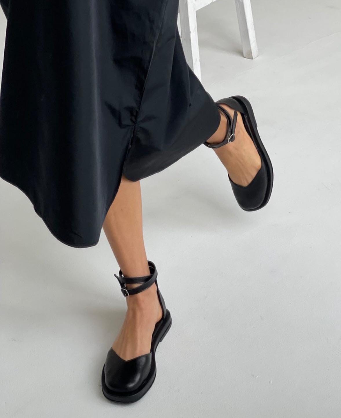 Handmade Black Leather Mary Jane Flats: Minimalist Ankle Strap Shoes - Etsy