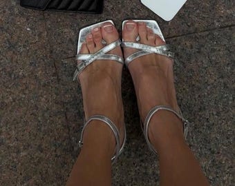 Silver low Heel Sandals – Handmade Stilettos with Ankle Strap, 6 cm Heels for Party, Wedding or Evening Out