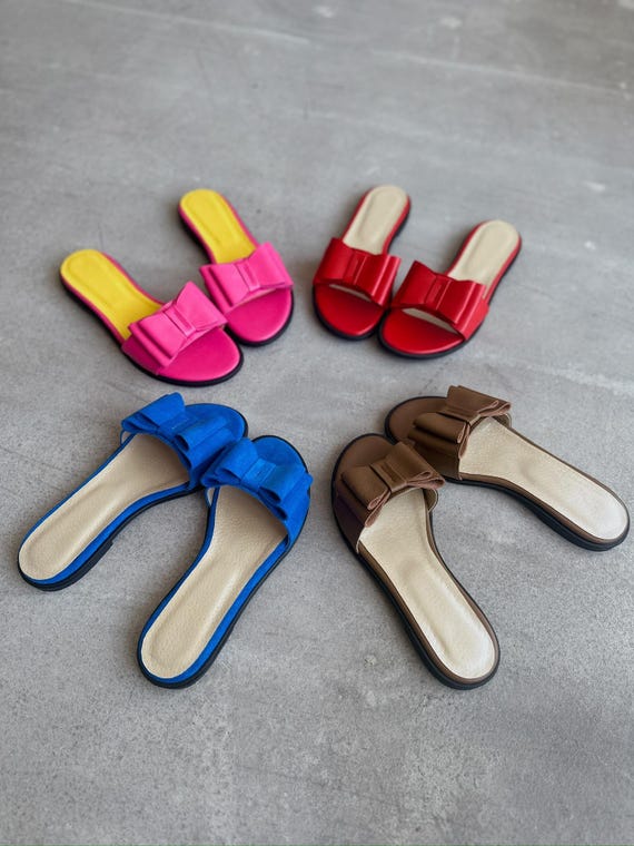 Leather Bow Sandals, Handmade Flip Flops, Summer Slides, Women Custom Sandals, Boho Beach Footwear, Bridal Personalized Sandals