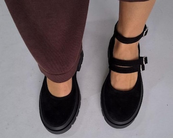 Black Suede Mary Jane Shoes: Handmade Leather Platform Flats